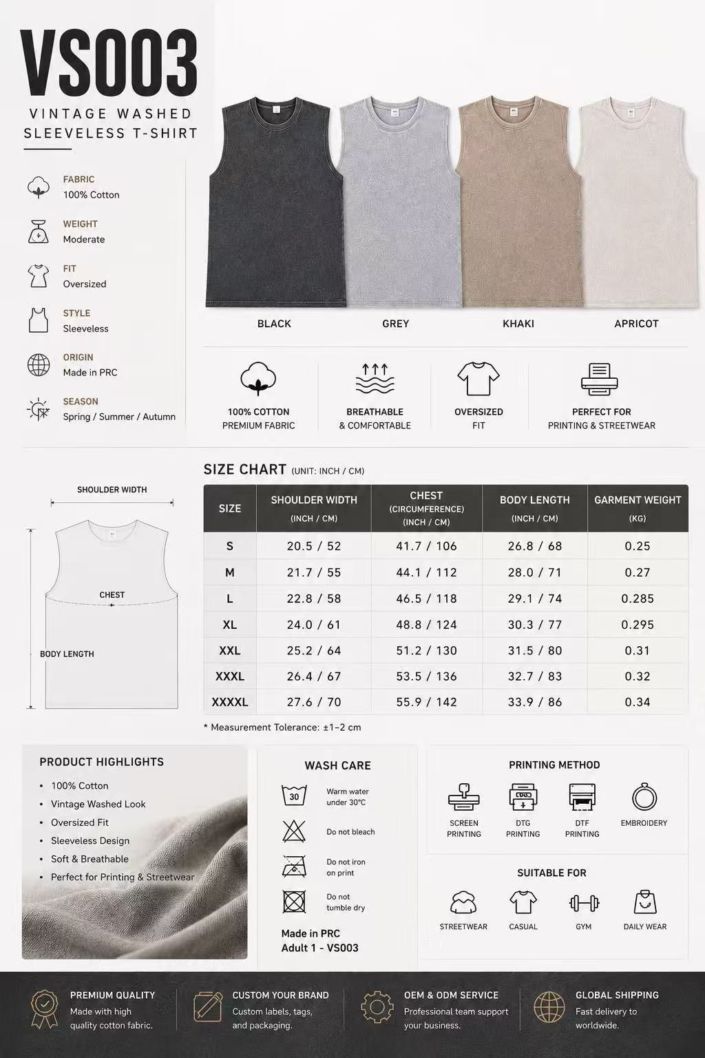 Vintage Washed Sleeveless Tee | VS003 size and color chart