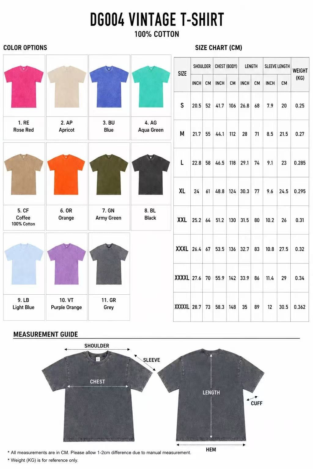 Vintage Acid Wash T-Shirt | DG004 size and color chart