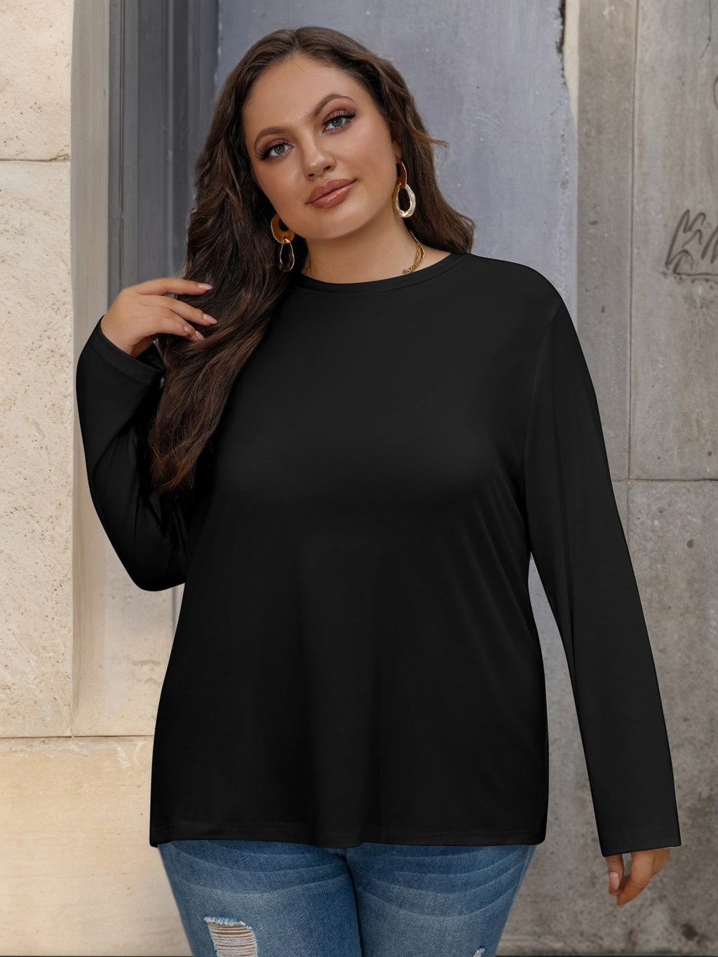 Women's Plus Long Sleeve Crew — Black