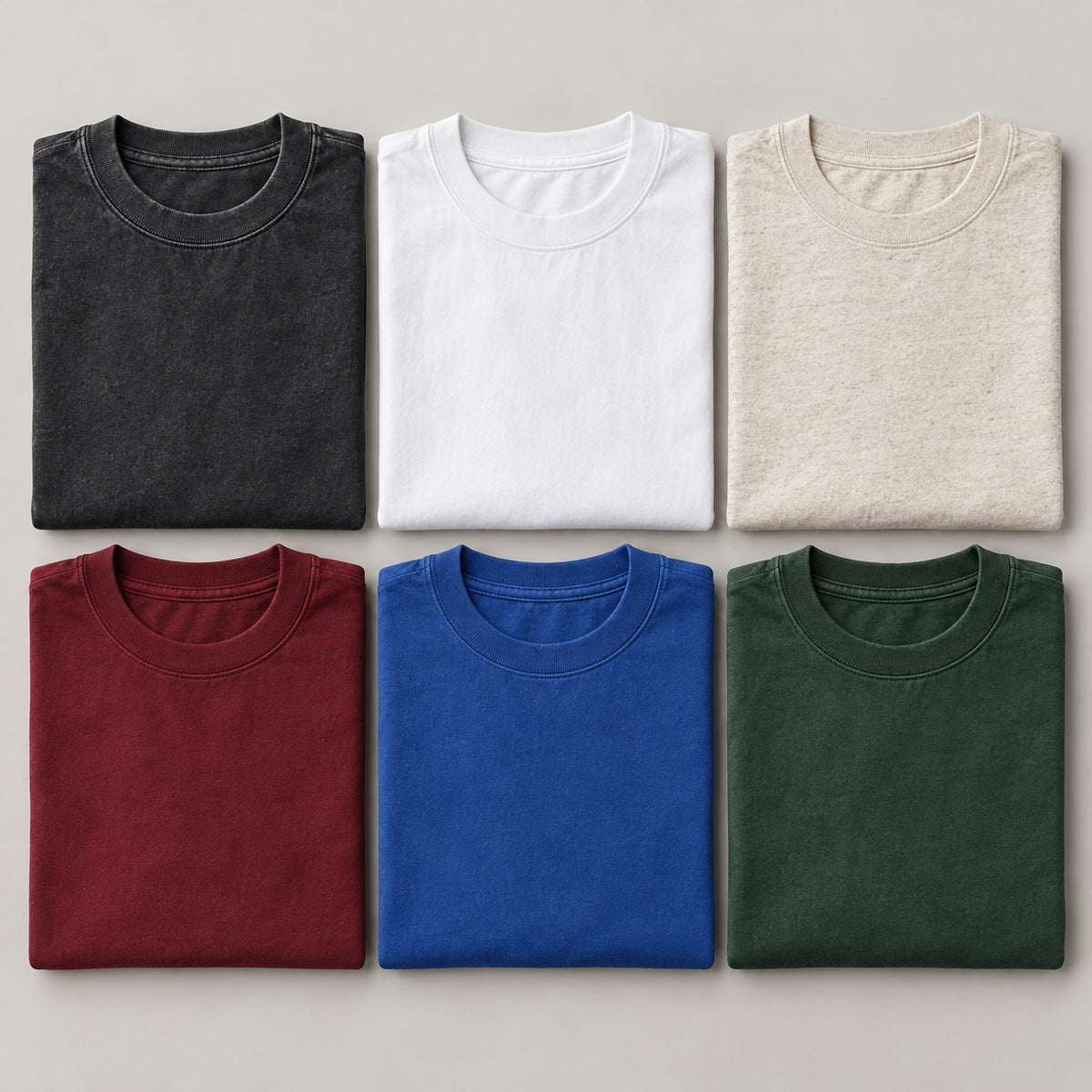 Illustrative assortment of six folded blank tees